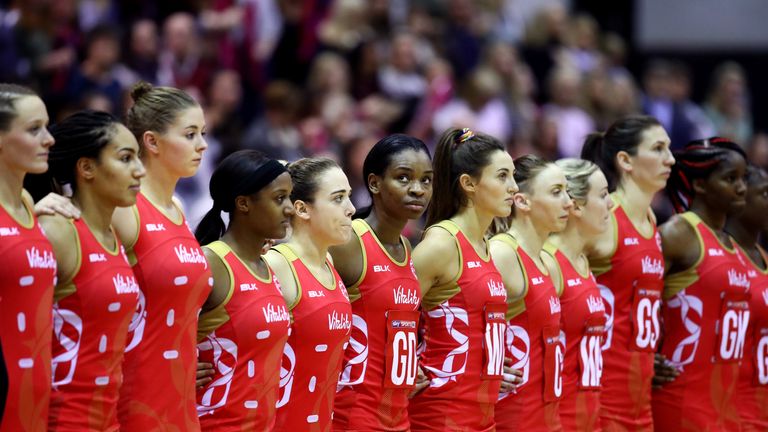 LONDON, ENGLAND - NOVEMBER 26: The England team sing the national anthem during the Vitality Netball International Series match between England and Malawi 
