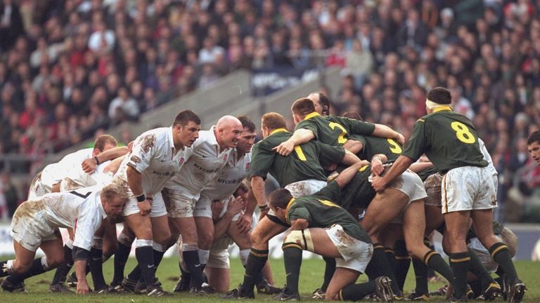 2 Dec 2000:  (from left to right) England front row Julian White, Phil Greening, Jason Leonard prepare for a scrum against South Africa