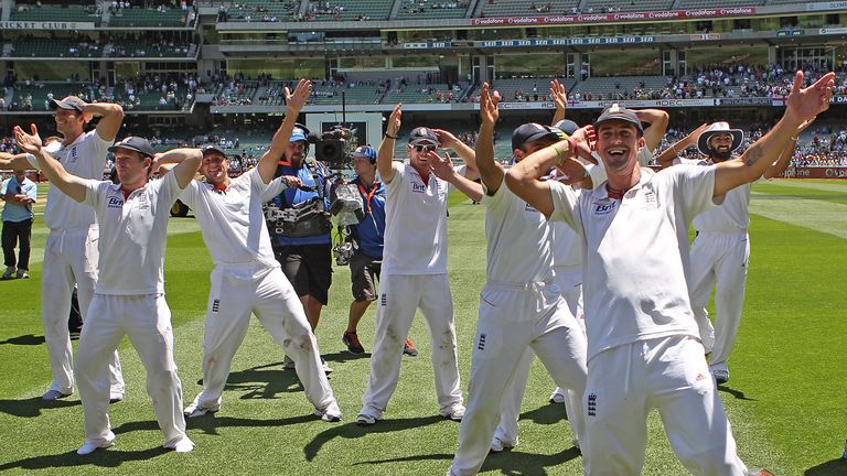 The England team perform the sprinkler after winning on day four of the Fourth Test match 