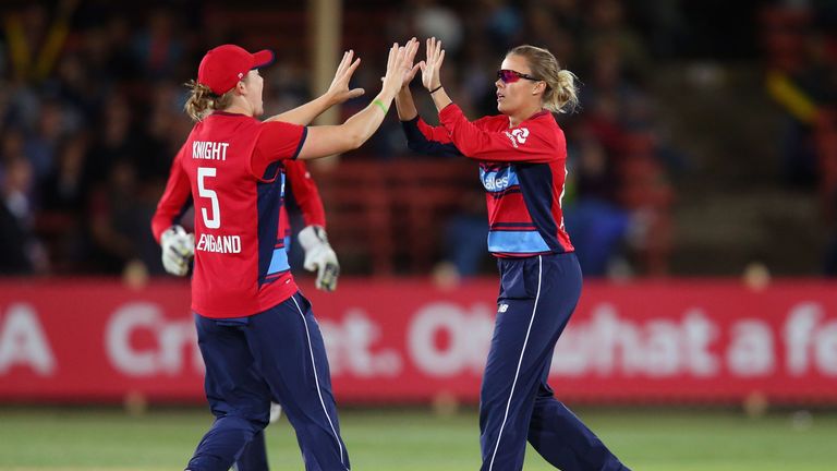 SYDNEY, AUSTRALIA - NOVEMBER 17:  Alex Hartley and Heather Knight of England celebrate the wicket of Ashleigh Gardner of Australia  during the first Women'