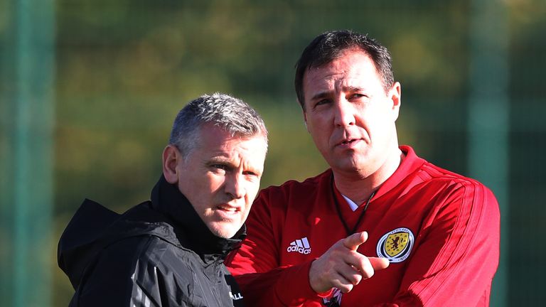 EDINBURGH, SCOTLAND - NOVEMBER 06: Scotland's interim manager Malky McKay is seen with assistant Eric Black during a training session at Orium sporting cen