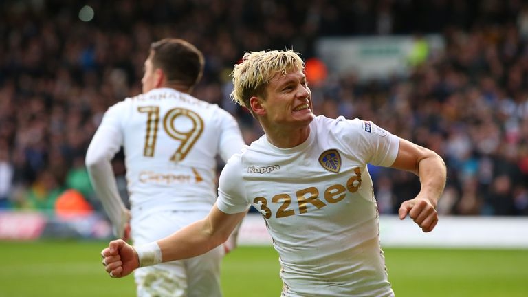 Ezgjan Alioski celebrates after scoring Leeds' second goal