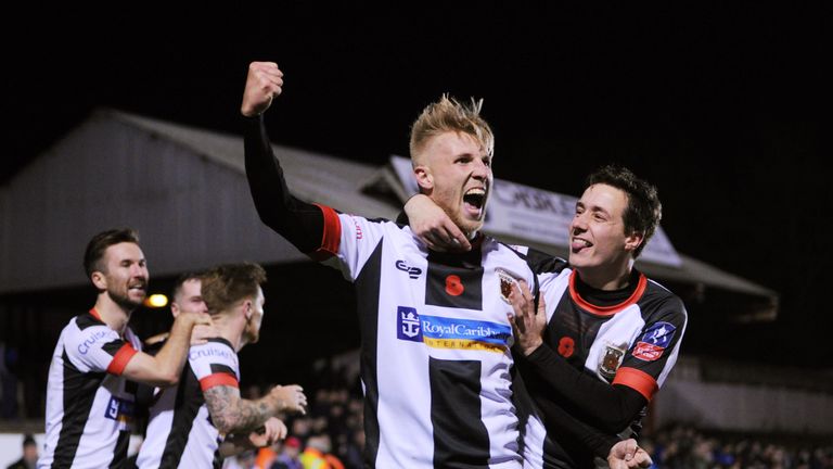 CHORLEY, ENGLAND - NOVEMBER 06: George Glendon of Chorley celebrates after scoring during The Emirates FA Cup First Round match between Chorley and Fleetwo