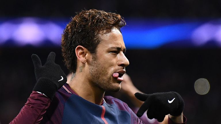 Paris Saint-Germain's Brazilian striker Neymar reacts after scoring his team's second goal during the UEFA Champions League Group B football match between 