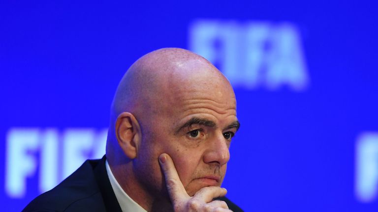 FIFA President Gianni Infantino gestures as he address a press conference following the FIFA Council meeting
