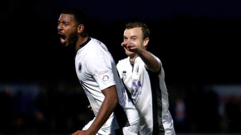 BOREHAMWOOD, ENGLAND - NOVEMBER 04: Keiran Murtagh of Boreham Wood celebrates his teams second goal during the Emirates FA Cup First Round match between Bo