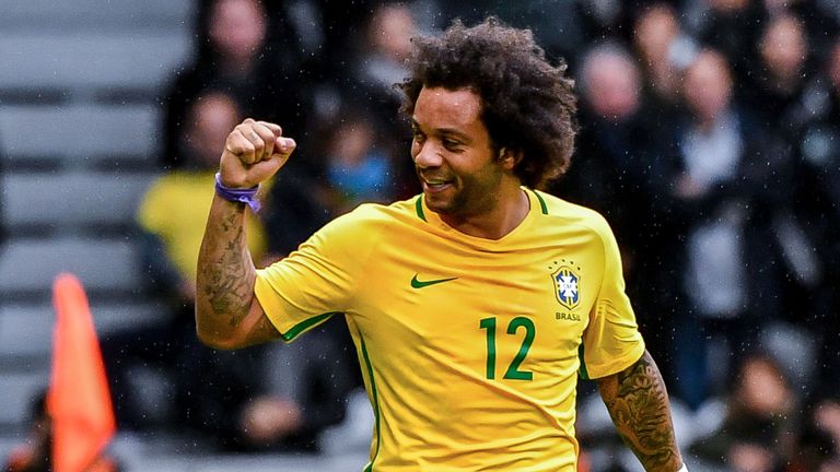 Marcelo pumps his fist after scoring during the friendly match between Japan and Brazil