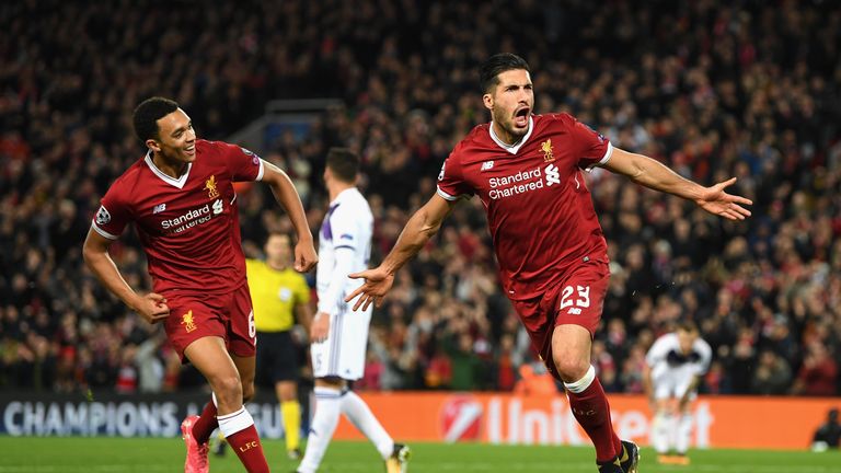 LIVERPOOL, ENGLAND - NOVEMBER 01:  Emre Can of Liverpool celebrates scoring his sides second goal during the UEFA Champions League group E match between Li