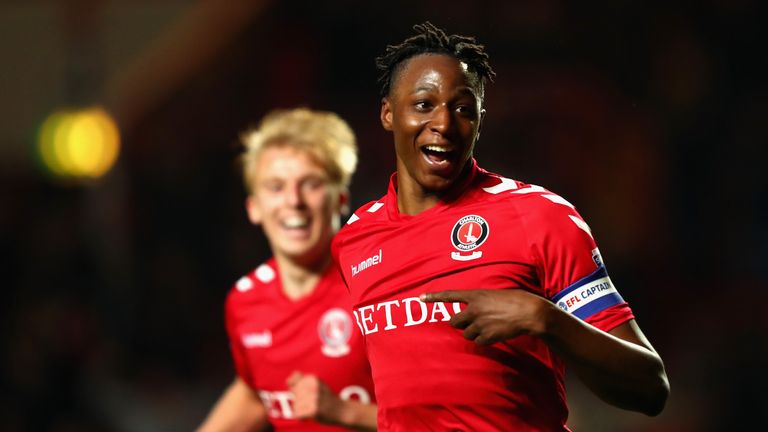LONDON, ENGLAND - NOVEMBER 01:  Joe Aribo of Charlton celebrates after scoring his sides third goal to win the match during the Checkatrade Trophy match be