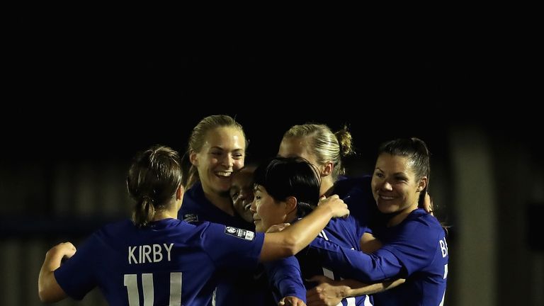 Gilly Flaherty celebrates with her Chelsea team-mates after scoring her sides third goal