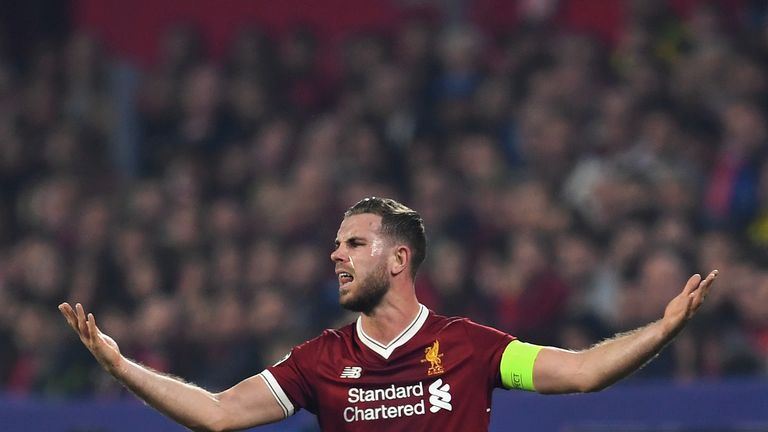 SEVILLE, SPAIN - NOVEMBER 21:  Jordan Henderson of Liverpool reacts during the UEFA Champions League group E match between Sevilla FC and Liverpool FC at E