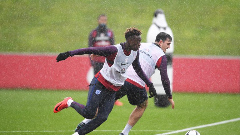 Tammy Abraham in action during an England training session at St Georges Park on November 7, 2017