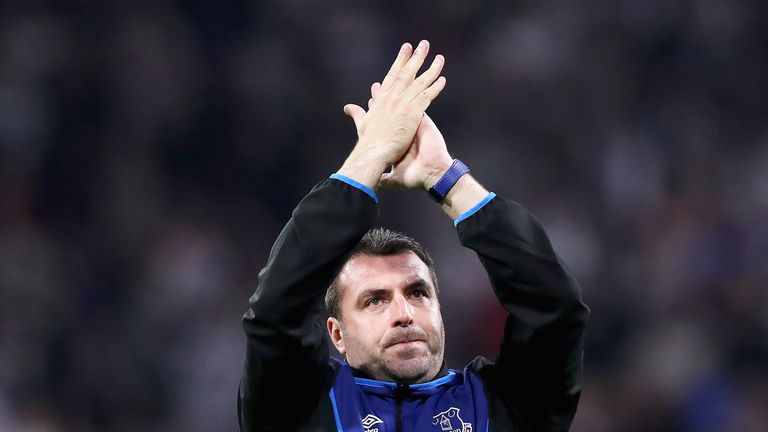 David Unsworth applauds fans after the UEFA Europa League group E match between Olympique Lyon and Everton