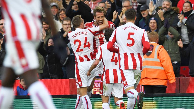 Substitute Peter Crouch (C) celebrates with team-mates after Stoke draw level