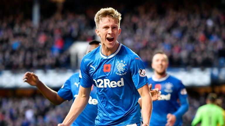 Rangers Ross McCrorie celebrates after heading in the opening goal