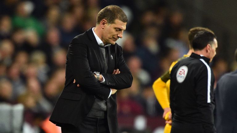 Slaven Bilic appears dejected while on the touchline during the Premier League match against Brighton at the London Stadium