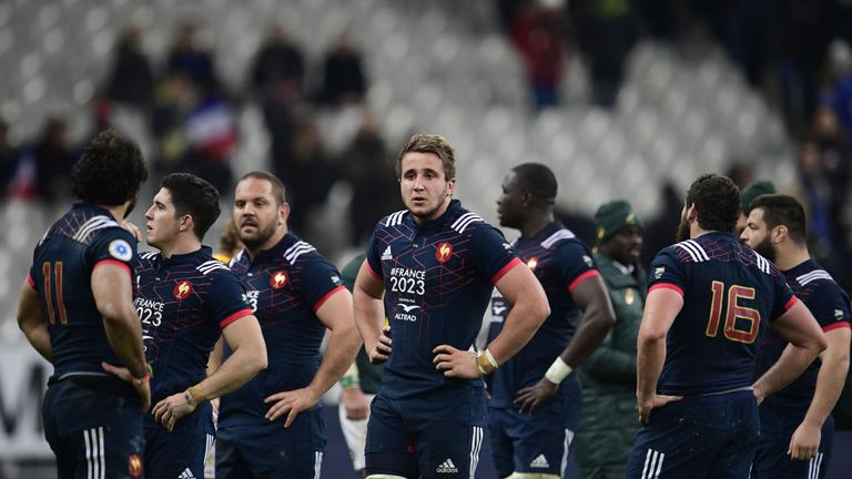 France's players react after defeat in the friendly rugby union international Test match between France and South Africa's Springboks at The Stade de Franc