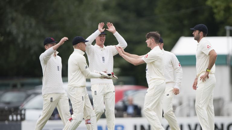 WORCESTER, ENGLAND - JUNE 29: George Garton of England Lions celebrates after getting Dean Elgar of South Africa out during the tour match between England 