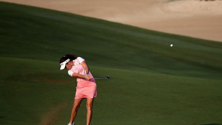 ABU DHABI, UNITED ARAB EMIRATES - NOVEMBER 01:  Georgia Hall of England plays her second shot on the 10th hole  during Day One of the Fatima Bint Mubarak L