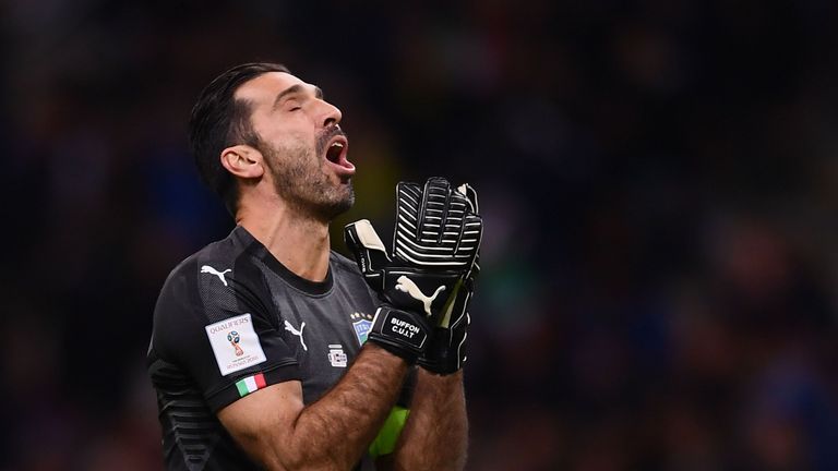 Italy's goalkeeper Gianluigi Buffon reacts during the FIFA World Cup 2018 qualification football match between Italy and Sweden, on November 13, 2017 at th