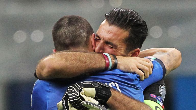 Gianluigi Buffon is consoled by team-mate Leonardo Bonucci after failing to qualify for next year's World Cup in Russia