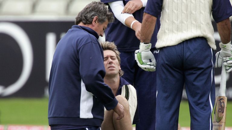 A disappointed Glenn McGrath of Australia after hurting himself in training before day one of the second npower Ashes Test