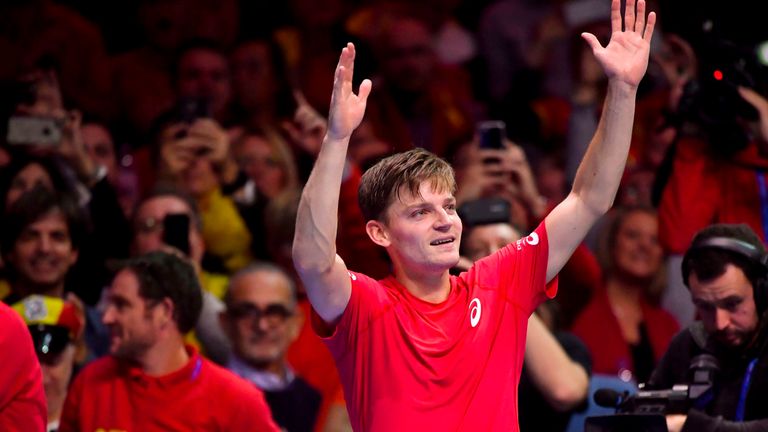 Belgium's David Goffin reacts after winning a match against France's Lucas Pouille during the Davis Cup World Group singles rubber final tennis match betwe