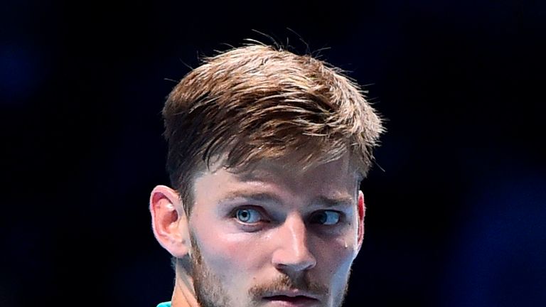Belgium's David Goffin reacts after a point against Switzerland's Roger Federer during their men's singles semi-final match on day seven of the ATP World T