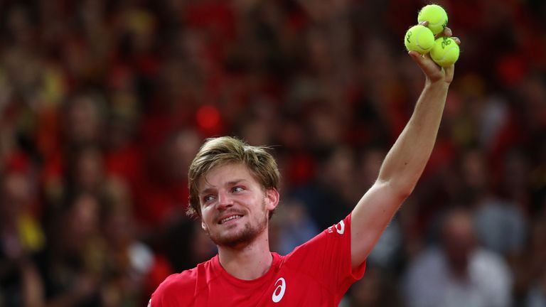 BRUSSELS, BELGIUM - SEPTEMBER 17:  David Goffin of Belgium celebrates defeating Nick Kyrgios of Australia in the fourth set during day three of the Davis C