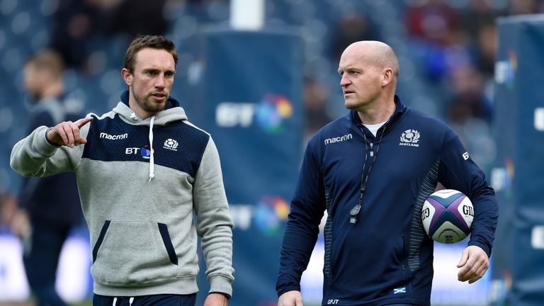 Scotland coach Gregor Townsend (R) with his assistant Mike Blair during team warm up before the 2017 autumn international at Murrayfield against Samoa..