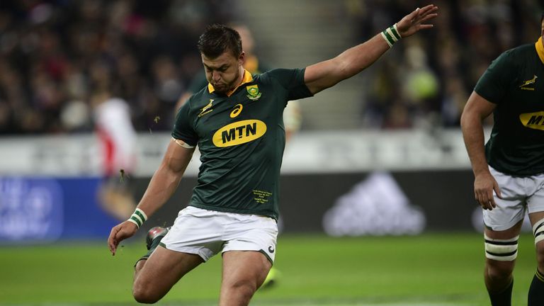 South Africa's fly-half Handre Pollard kicks the ball during the friendly rugby union international Test match between France and South Africa's Springboks