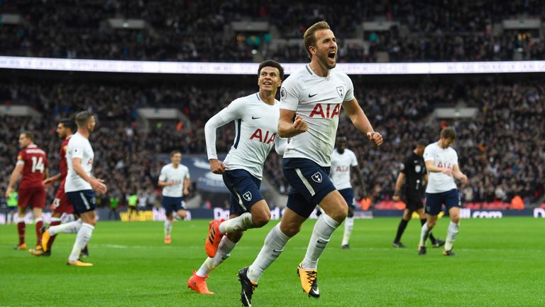 Harry Kane celebrates with Dele Ali after scoring Tottenahms's fourth and his second goal of the game