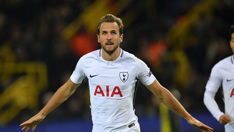 Harry Kane celebrates after equalising for Spurs in Dortmund