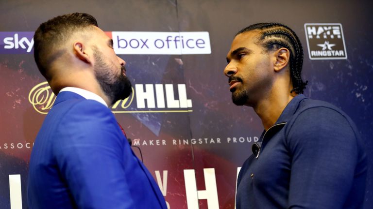 LONDON, ENGLAND - OCTOBER 04:  Tony Bellew and David Haye face up to each other during a press conference at the Park Plaza Hotel on October 4, 2017 in Lon
