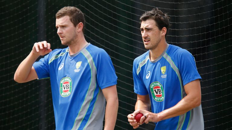 MELBOURNE, AUSTRALIA - DECEMBER 24:  Josh Hazlewood and Mitchell Starc bowl  during an Australian nets session on December 24, 2016 in Melbourne, Australia