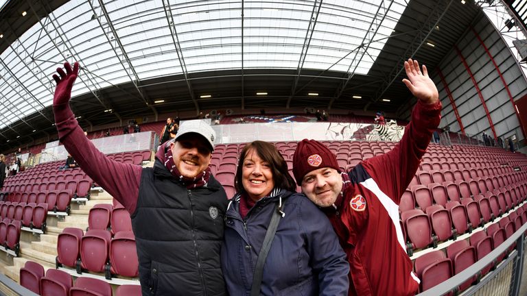 Hearts fans look pleased to be in the new main stand at Tynecastle 
