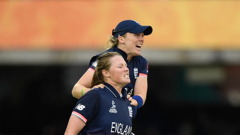 LONDON, ENGLAND - JULY 23:  England bowler Anya Shrubsole and captain Heather Knight celebrates after dismissing Veda Krishnamurthy during the ICC Women's 