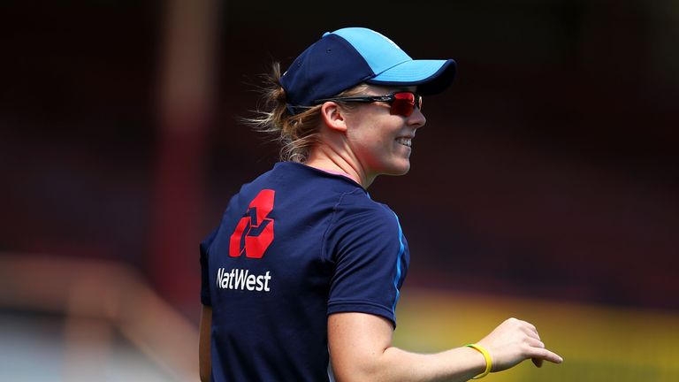SYDNEY, AUSTRALIA - NOVEMBER 07: Heather Knight shares a joke with a team mate during an England women's Ashes series training session at North Sydney Oval