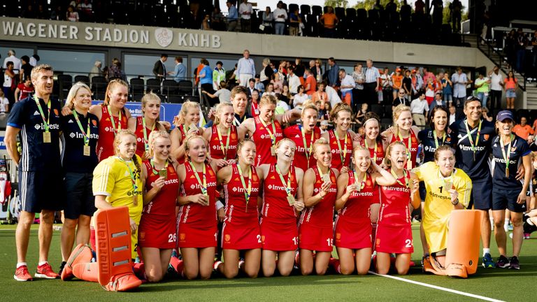 England's players pose as they celebrate after their victory in the bronze medal match against Germany at the Women's Rabo EuroHockey Championships match i