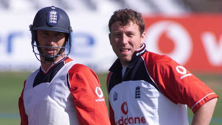 16 Aug 2000:  Nasser Hussain of England and Mike Atherton in preparation for the fourth test match against the West Indies at Headingley, Leeds. Mandatory 