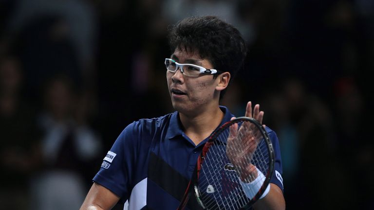 Hyeon Chung of South Korea celebrates winning the group stage match against Gianluigi Quinzi of Italy 