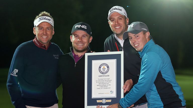 ANTALYA, TURKEY - OCTOBER 31:  Ian Poulter, Tyrrell Hatton, Matthew Southgate and Matthew Fitzpatrick pose for a picture after setting a new Guinness World