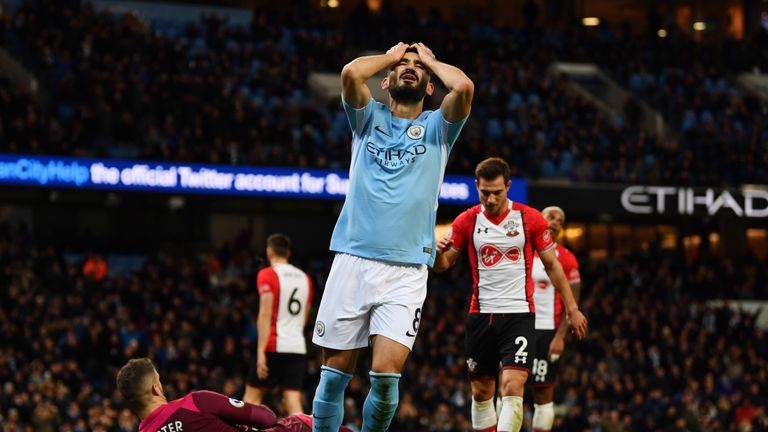  Ilkay Gundogan rues a missed chance at the Etihad Stadium