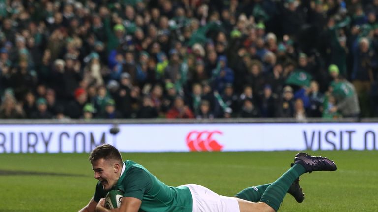 Ireland's Jacob Stockdale scores his side's first try of the game during the Autumn International at the Aviva Stadium, Dublin.