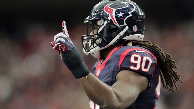 HOUSTON, TX - JANUARY 07:  Jadeveon Clowney #90 of the Houston Texans celebrates after knocking down a pass from Connor Cook #8 of the Oakland Raiders duri
