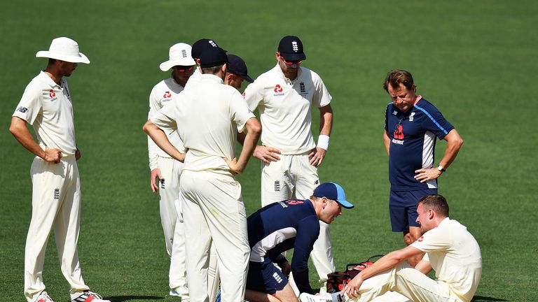 ADELAIDE, AUSTRALIA - NOVEMBER 09: Jake Ball of England falls and injuries himself while bowling during day two of the Four Day Tour match between the Cric