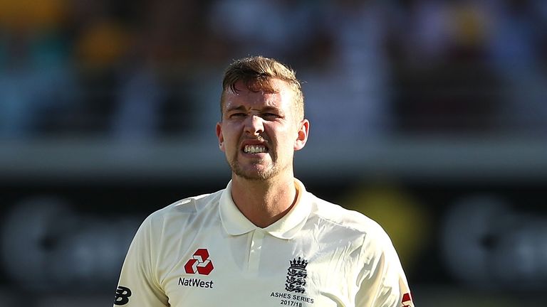 BRISBANE, AUSTRALIA - NOVEMBER 24:  Jake Ball of England reacts while bowling during day two of the First Test Match of the 2017/18 Ashes Series between Au