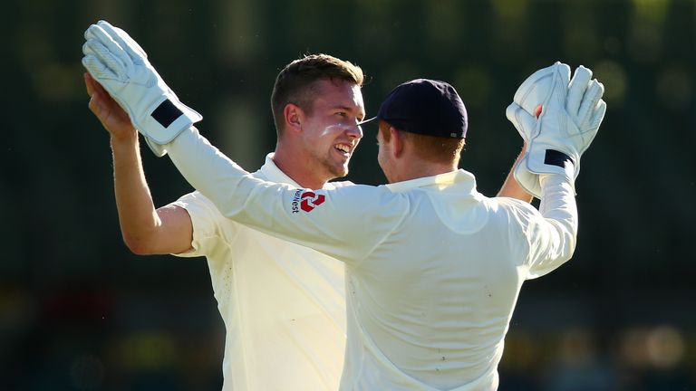 PERTH, AUSTRALIA - NOVEMBER 05: Jake Ball and Jonny Bairstow of England celebrate of Calum How of the WA XI during day two of the Ashes series Tour Match b