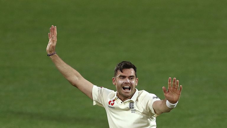 James Anderson of England celebrates after taking the wicket of Tim Paine of CA XI during day two of the Four Day Tour 