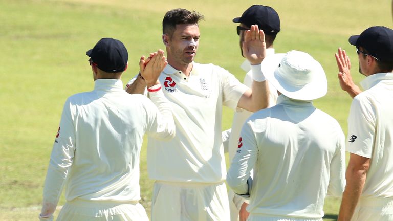 James Anderson of England celebrates the wicket of Nick Hobson of the WA XI during day two of the Ashes series Tour Match 